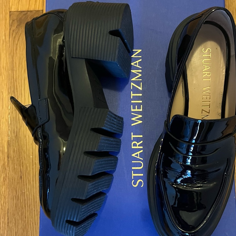 Black patent lug sole loafers